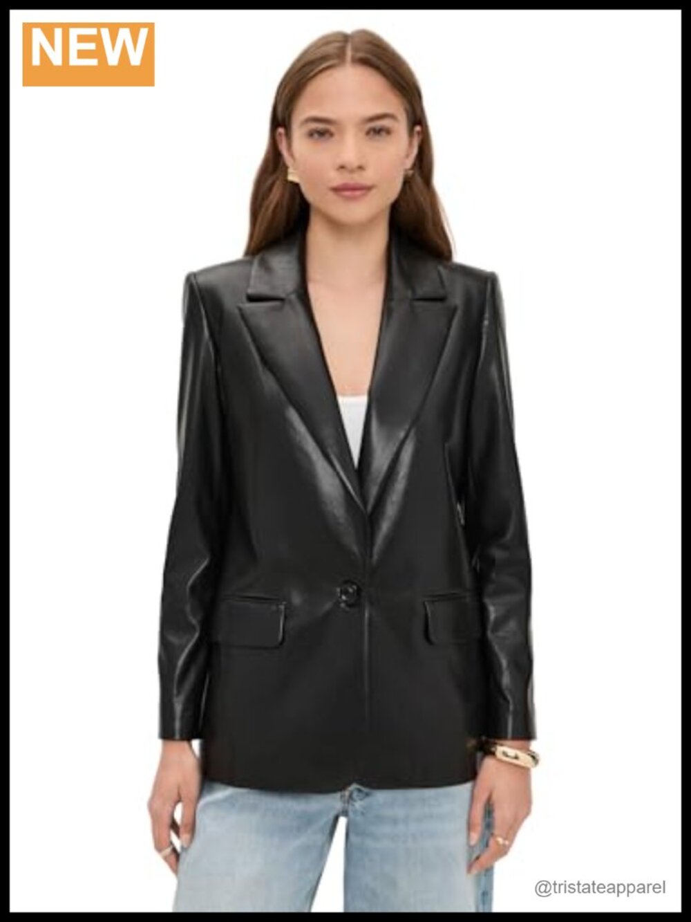 Faux Leather Notch Collar Blazer Padded Shoulders Formal